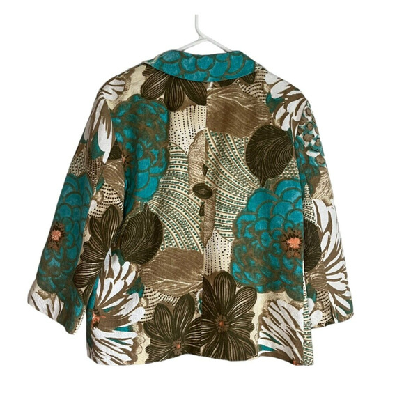 Chicos Blazer Jacket Turquoise Brown Floral Coastal Grandma Size 2 Womens Large - Picture 2 of 8